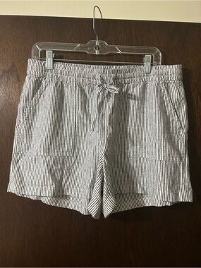 J. Crew White and Gray Pinstripe High-Waist Drawstring Shorts